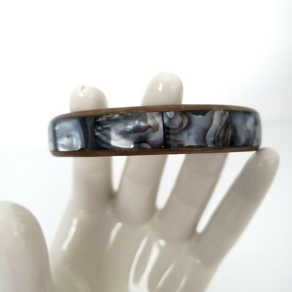 Copper Colored Metal Bangle Bracelet with Abalone Inset 8" Diameter 2 1/2" - Picture 4 of 9